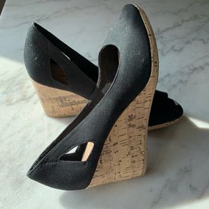 NWOT Black canvas open-toe peek-a-boo heel wedges